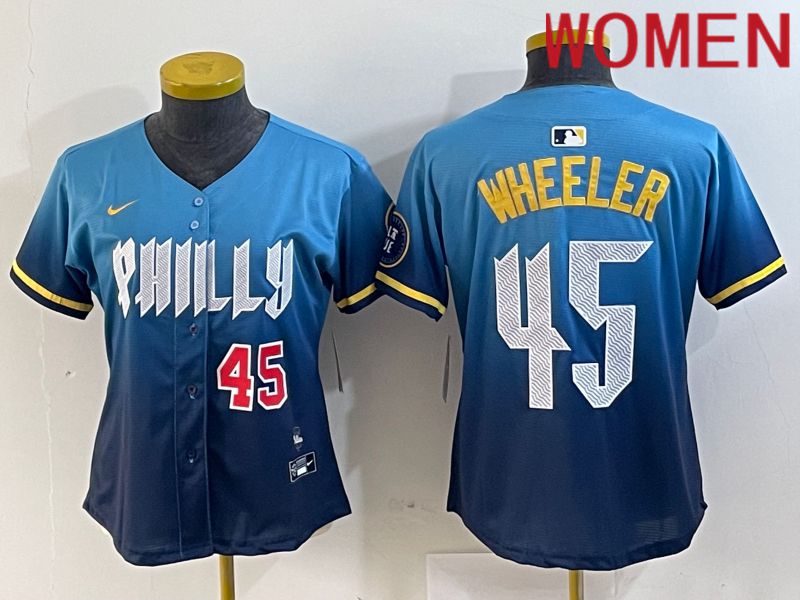 Women Philadelphia Phillies #45 Wheeler Blue City Edition Nike 2024 MLB Jersey style 2